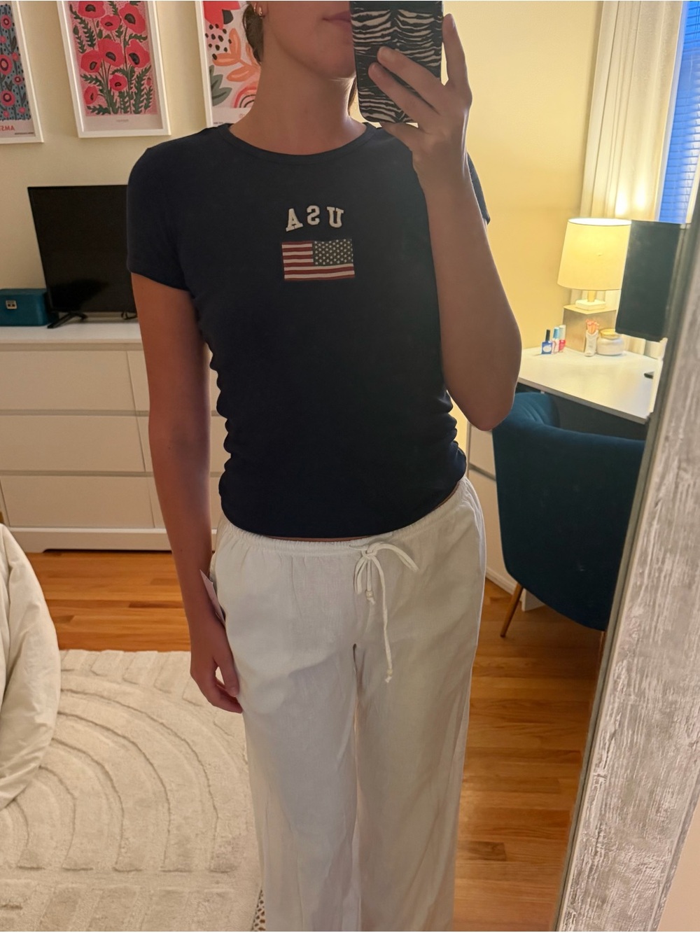 Brandy Melville Navy USA Flag Short Sleeve Tee